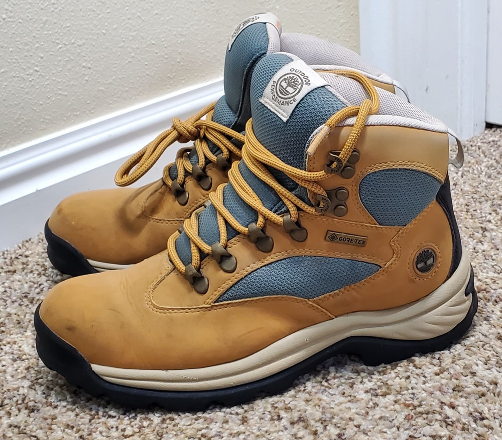 Timberland Gore-Tex Hiking Boots Womens 7.5 Tan Blue Waterproof Outdoor A5N17